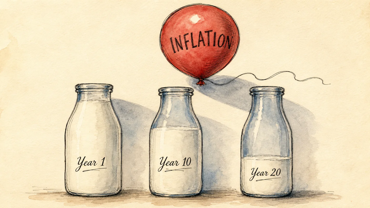 A watercolor illustration of three shrinking milk bottles, representing the erosion of a fixed pension's purchasing power over 20 years.