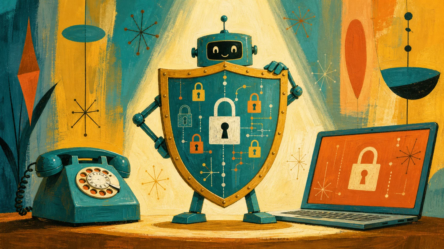 A whimsical illustration of a protective shield guarding a phone and laptop, representing automated fraud defenses.
