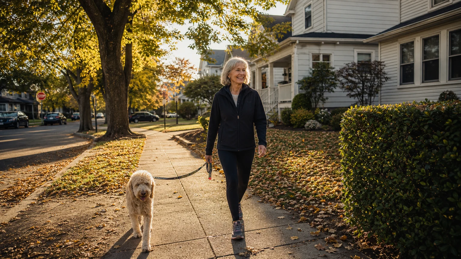 An active older woman walking her dog down a sunlit neighborhood sidewalk during golden hour.