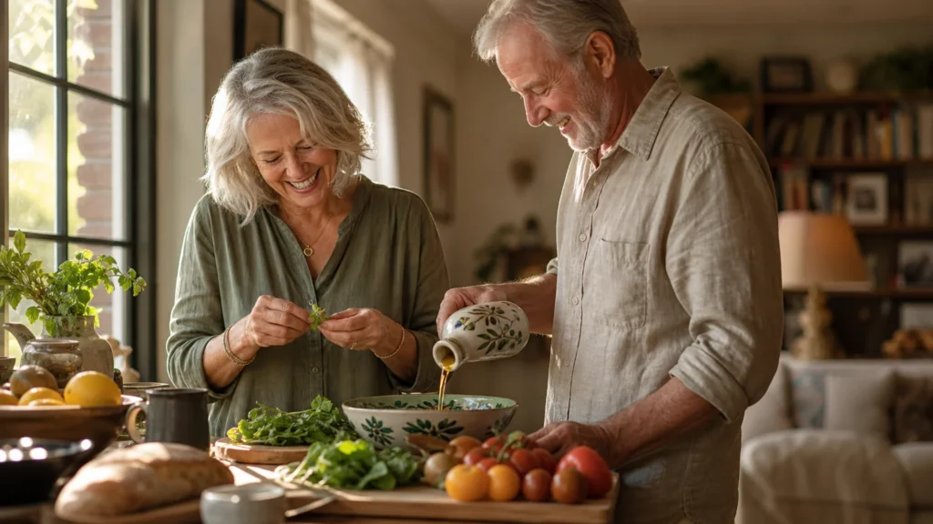 An active senior couple happily cooking together in a sunlit kitchen, representing a healthy, secure retirement.