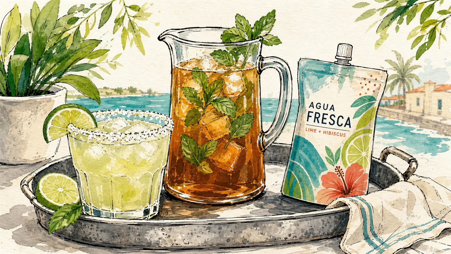 An artistic gouache and ink drawing of a margarita, a pitcher of iced tea, and a seasonal drink pouch on a tray.