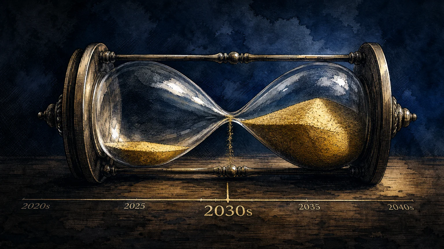 An artistic ink and watercolor drawing of an hourglass with sand running towards a line marked 2030s.