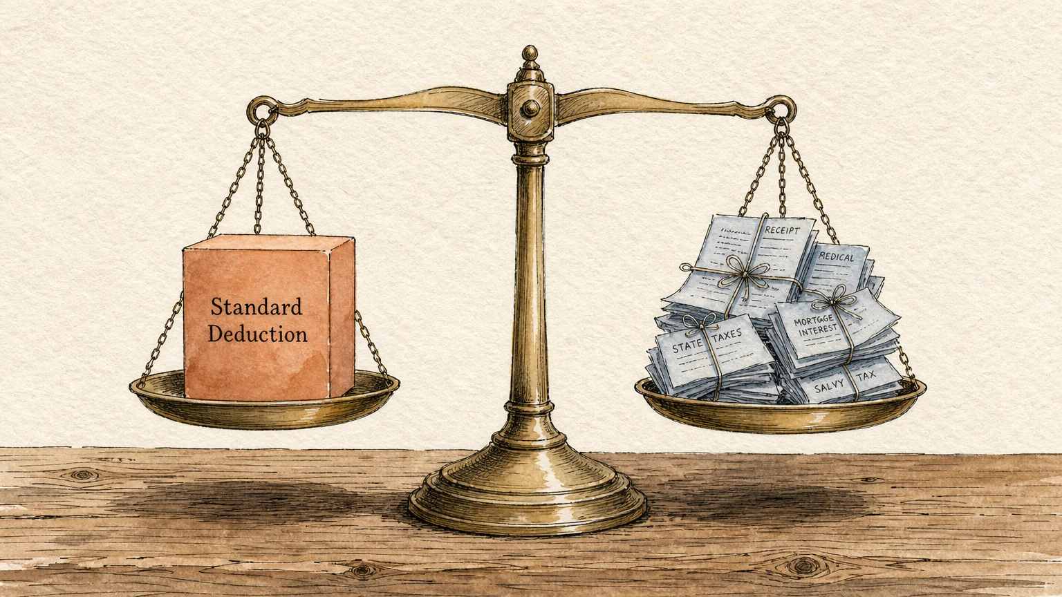An artistic watercolor illustration of a balance scale weighing a 'Standard Deduction' block against 'Itemized Deductions' receipts.