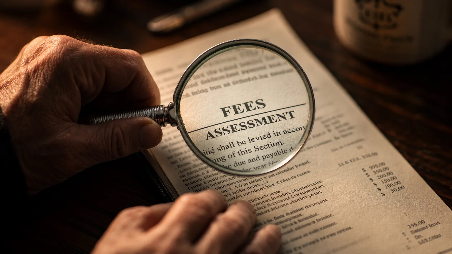 An editorial close-up of hands holding a magnifying glass over physical documents, highlighting the words 'Fees' and 'Assessment' in sharp f