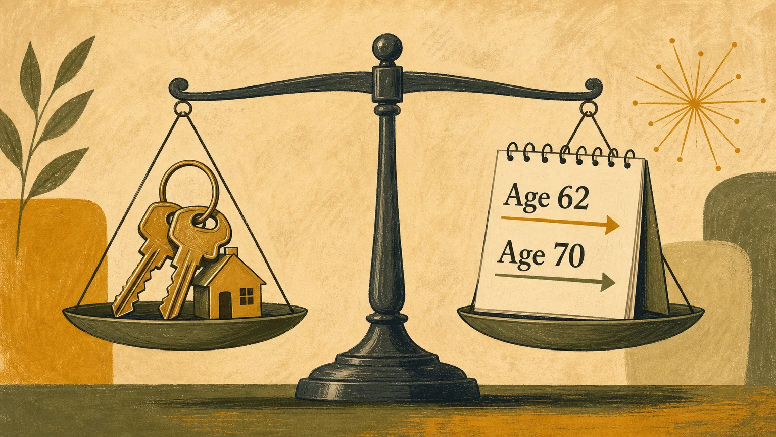 An editorial illustration of a balance scale weighing a set of house keys against a calendar showing retirement ages.