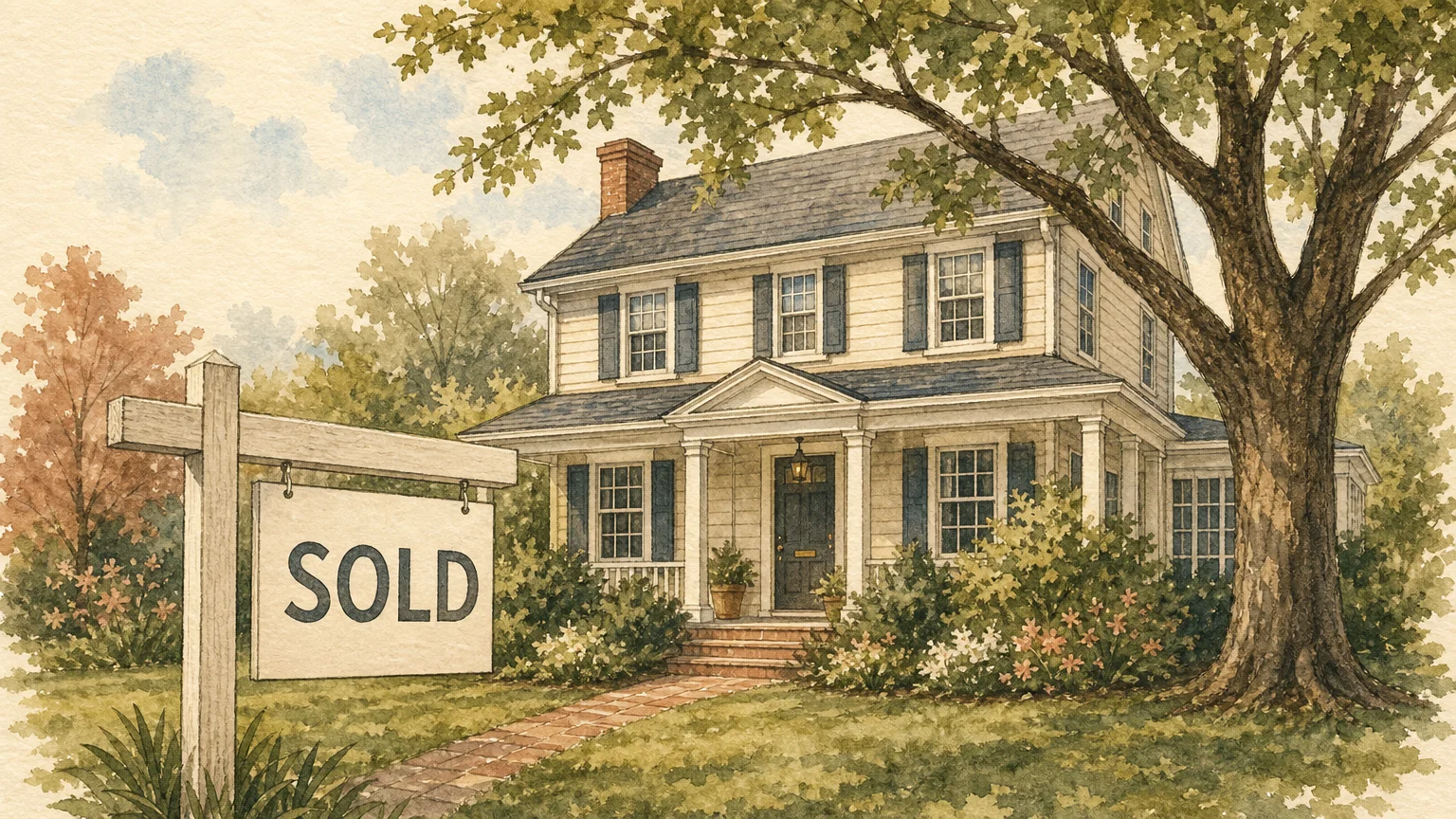 An editorial illustration of a charming suburban home with a Sold sign in the front yard.