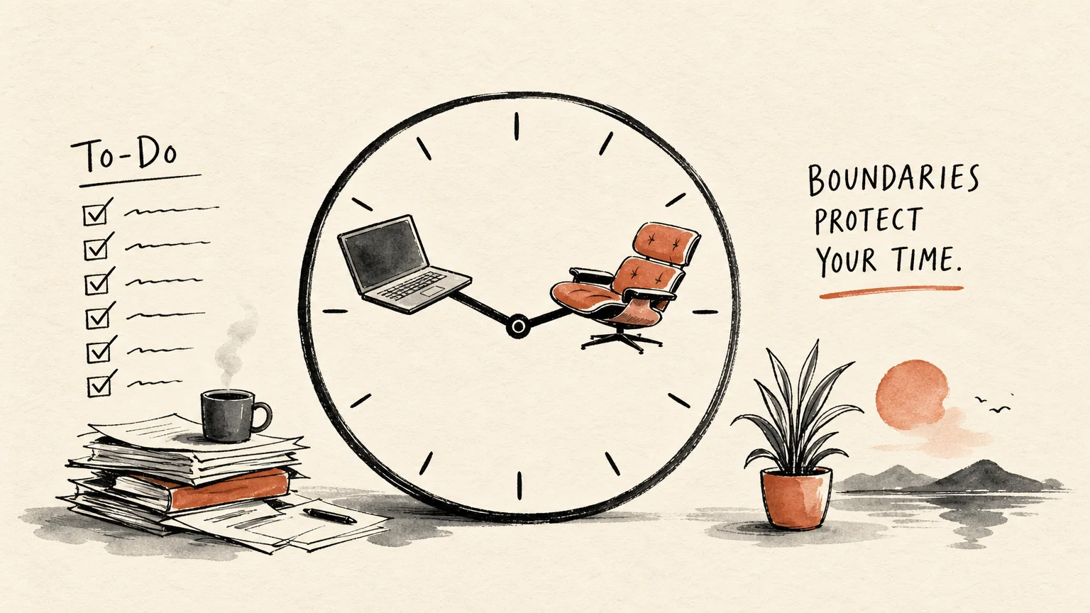 An editorial illustration of a clock with hands shaped like a laptop and a lounge chair, symbolizing work-life balance.