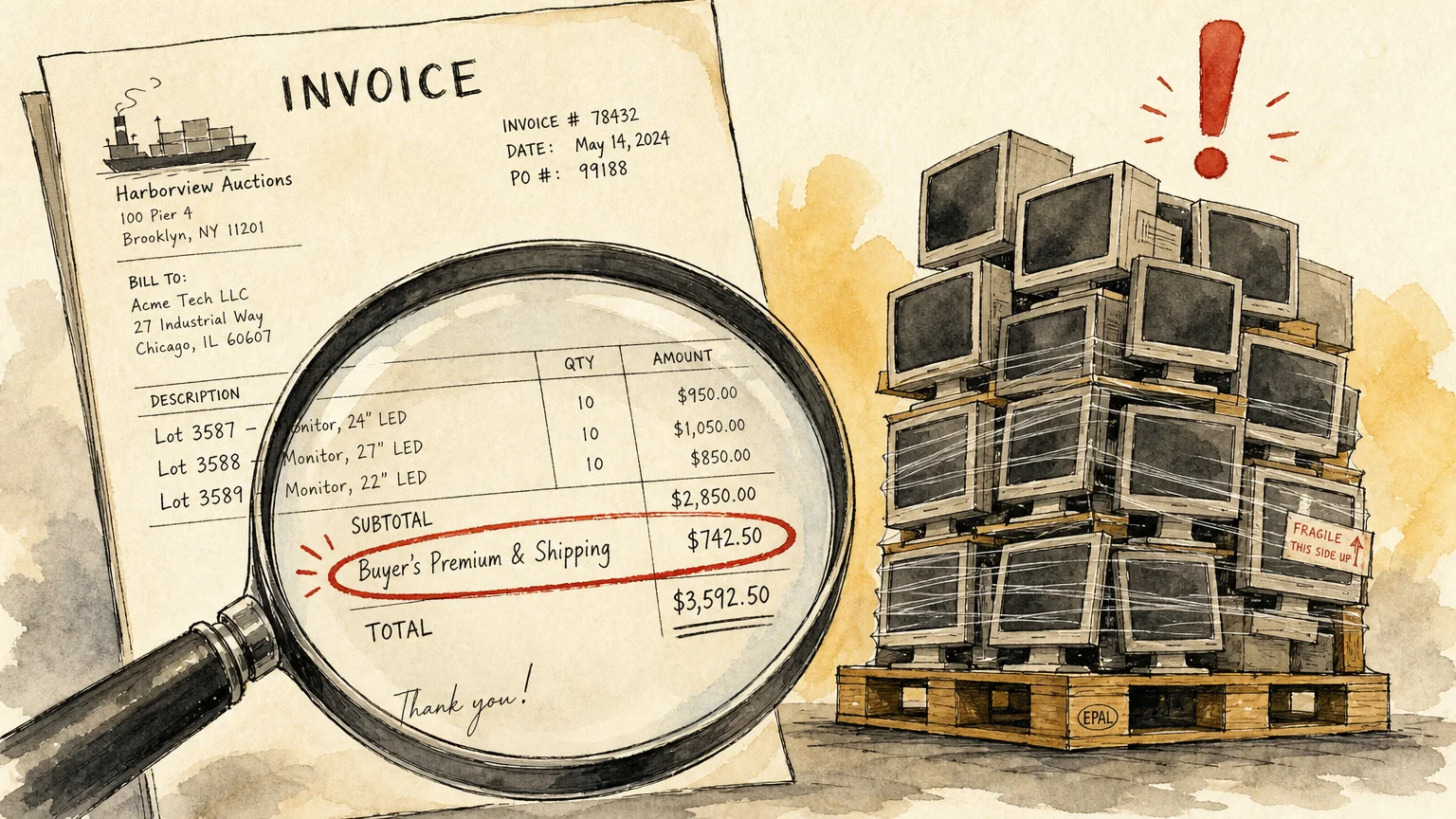 An editorial illustration of a magnifying glass highlighting hidden fees on a shipping document near a large pallet of goods.