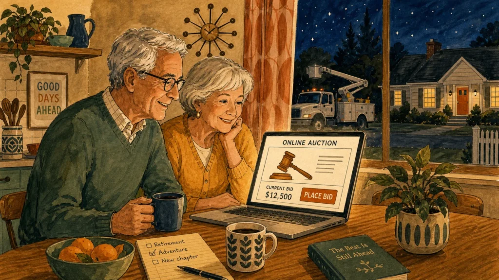 An editorial illustration of a retired couple happily bidding on a government auction site on their laptop at home.
