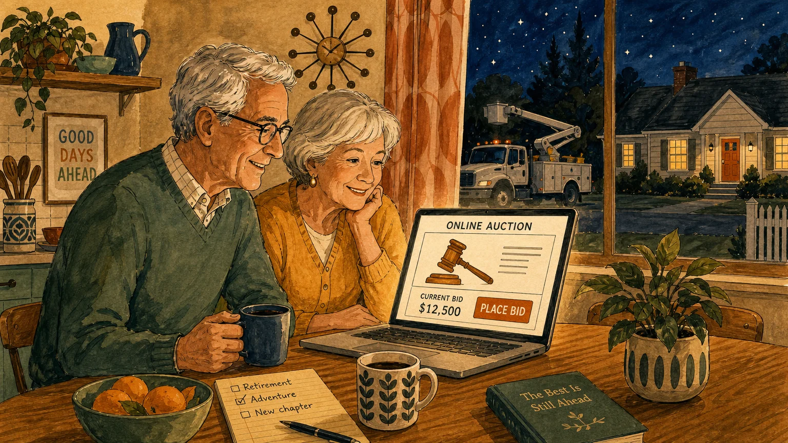 An editorial illustration of a retired couple happily bidding on a government auction site on their laptop at home.