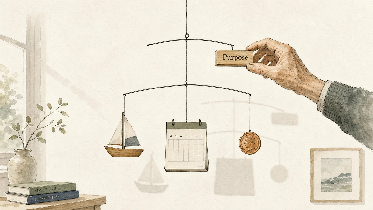 An editorial ink and watercolor illustration of a hand balancing a kinetic mobile with symbols of leisure, income, and purpose.