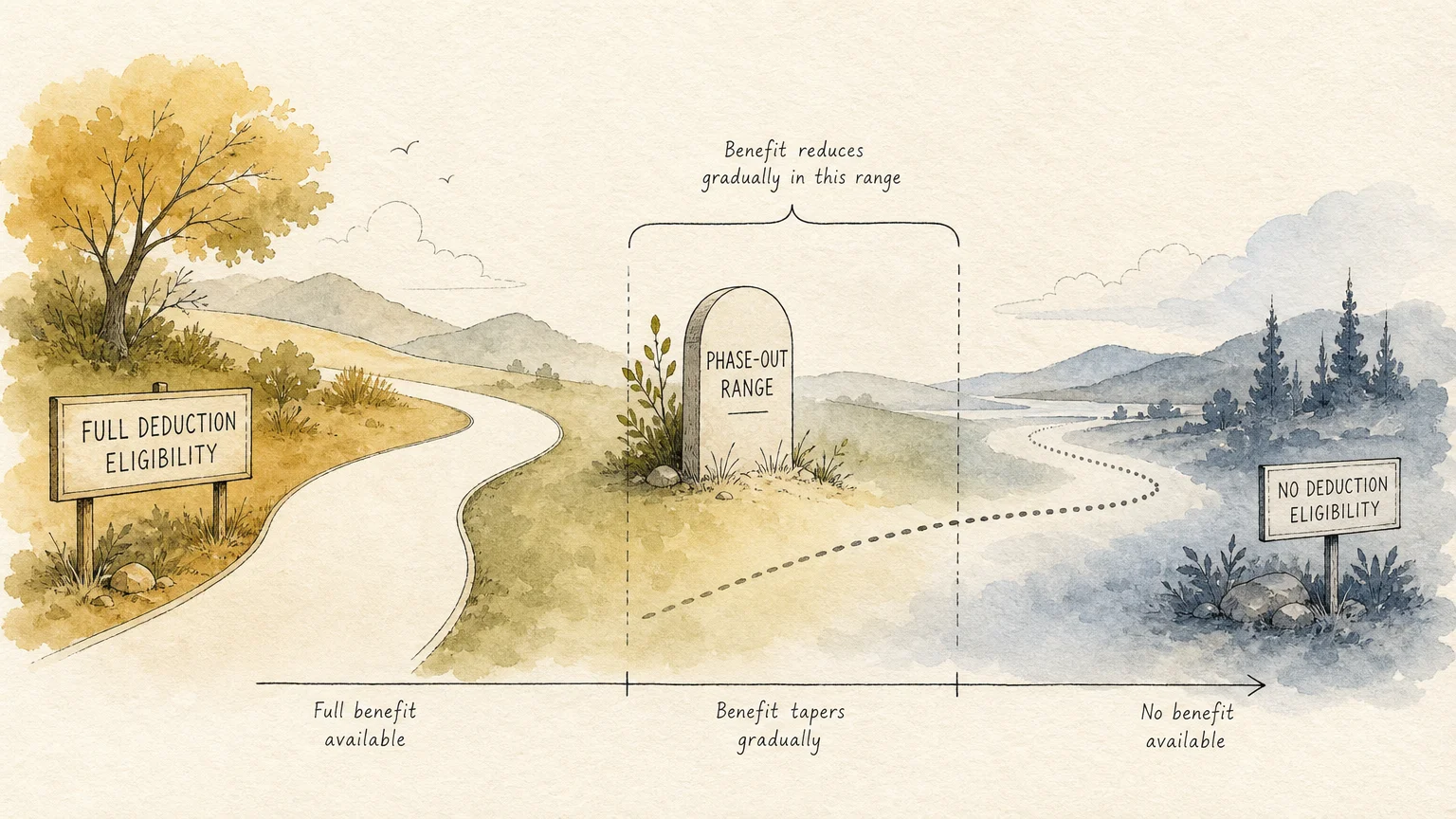 An editorial ink and watercolor illustration of a winding path that gradually narrows, representing a tax benefit phase-out.