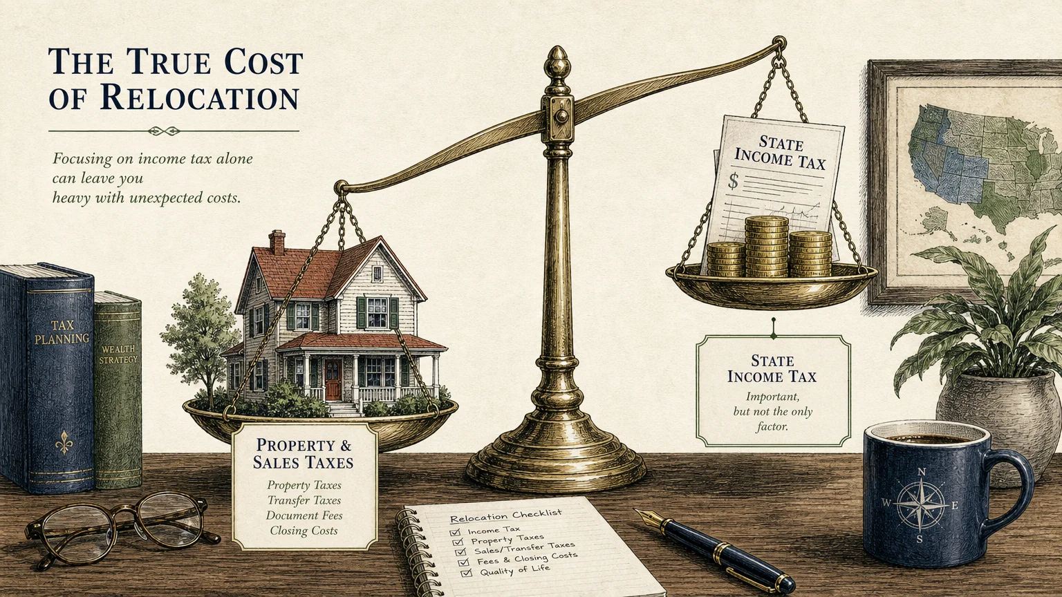 An editorial watercolor illustration of a brass scale balancing a house on one side and tax documents on the other, representing total tax f