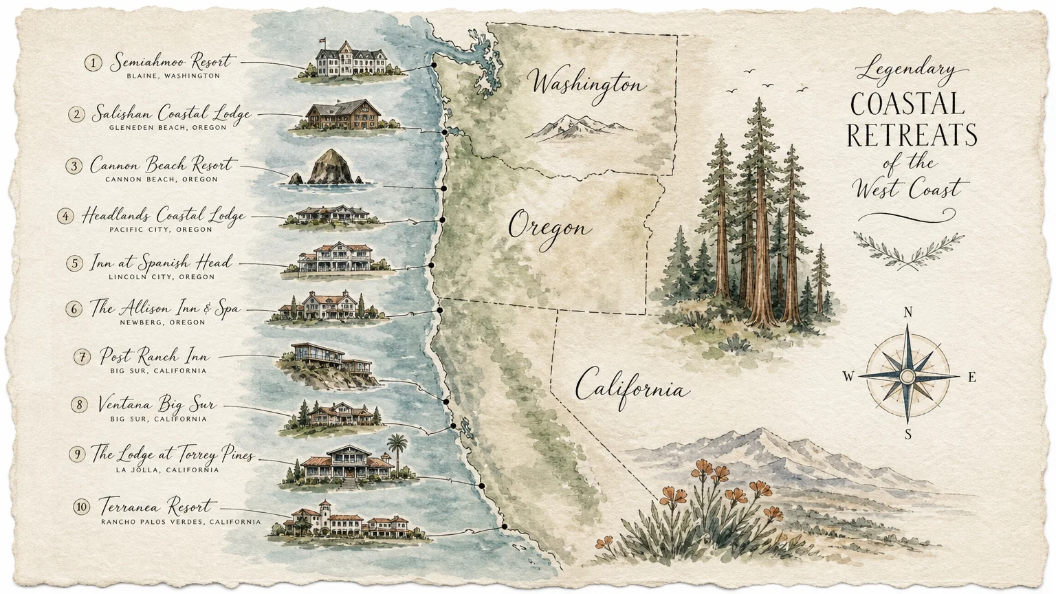 An illustrated watercolor map of the US West Coast highlighting key resort locations from Washington to California.