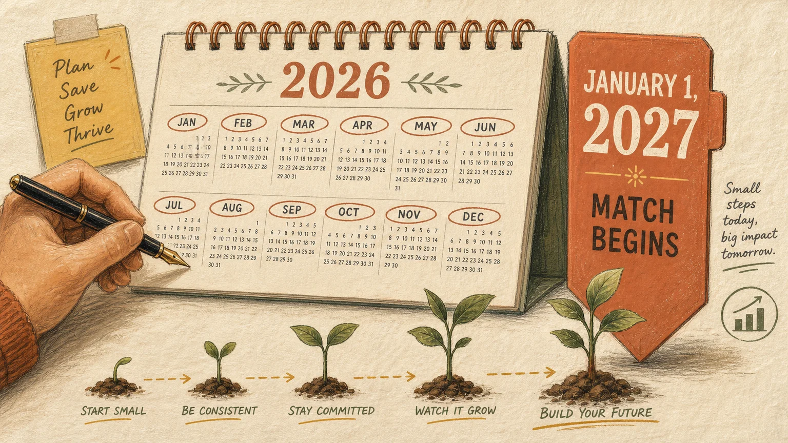 An illustration of a 2026 calendar with months circled, leading up to a January 1, 2027 milestone with growing plants.