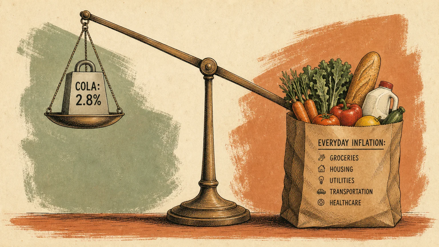 An illustration of a balance scale showing a light weight labeled COLA 2.8% outweighed by a heavy bag of groceries.