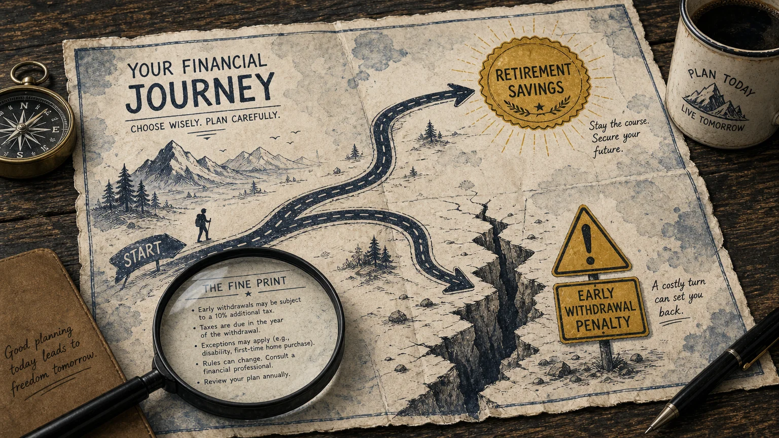 An illustration of a map showing a path splitting toward a retirement goal or an early withdrawal penalty pitfall.