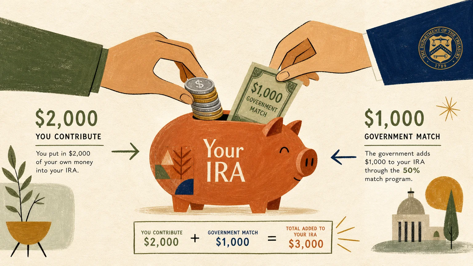 An illustration showing a $2,000 retirement contribution receiving a matching $1,000 federal deposit into a piggy bank.