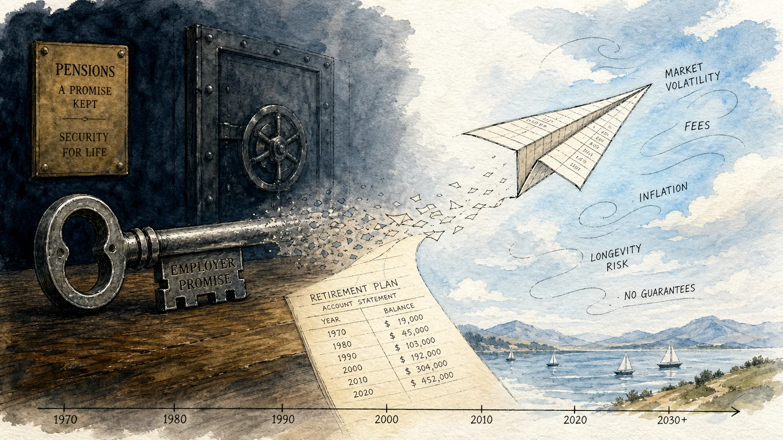 An illustration showing a heavy vintage iron key transitioning into a delicate paper airplane, representing the shift from pensions to 401ks