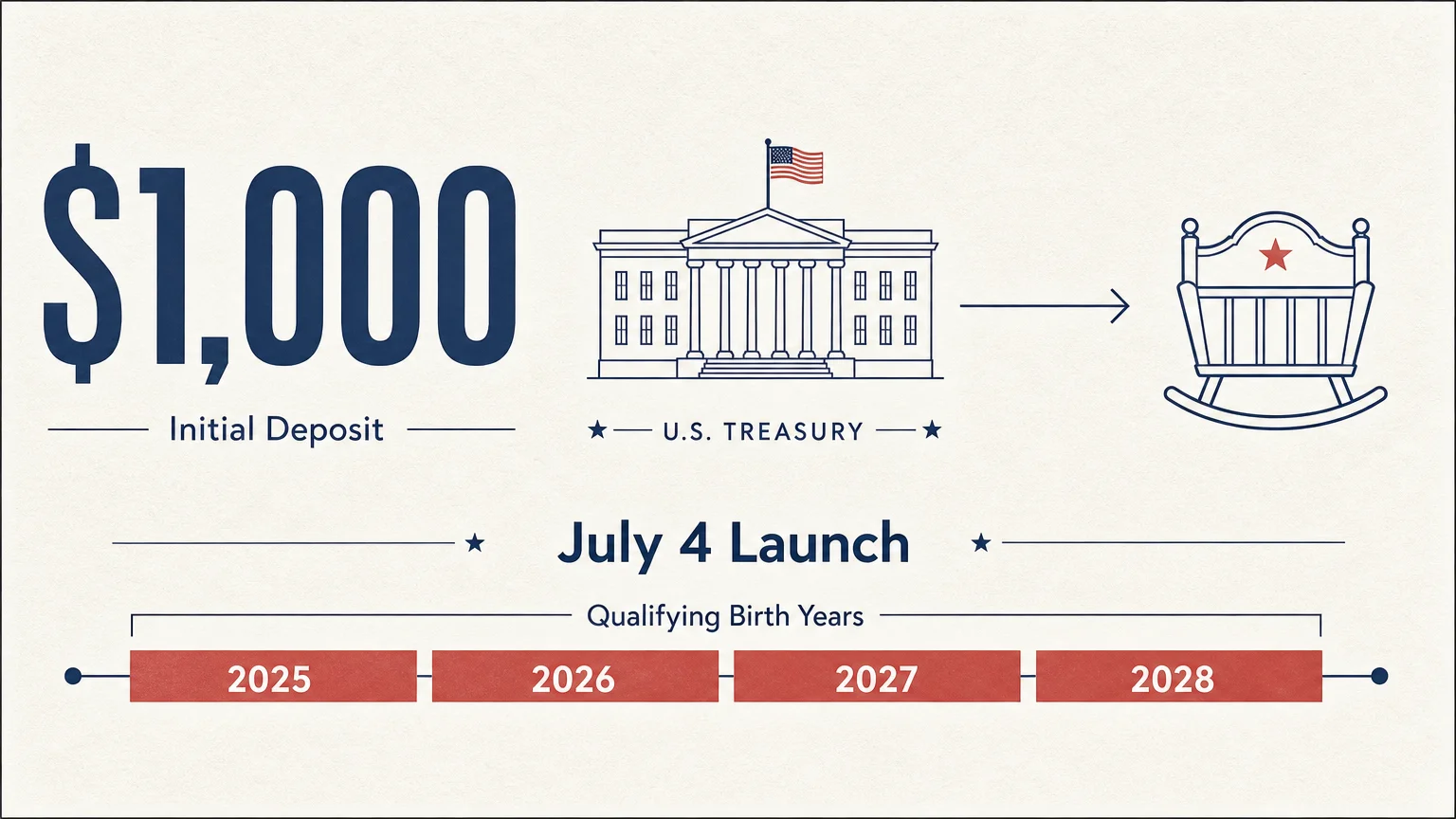 An infographic showing a 1000 treasury deposit for children born between 2025 and 2028 launching jul