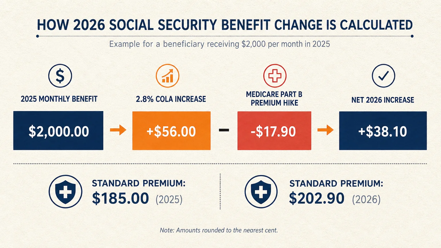 An infographic showing how a $56 Social Security increase is reduced by a $17.90 Medicare premium hike in 2026.