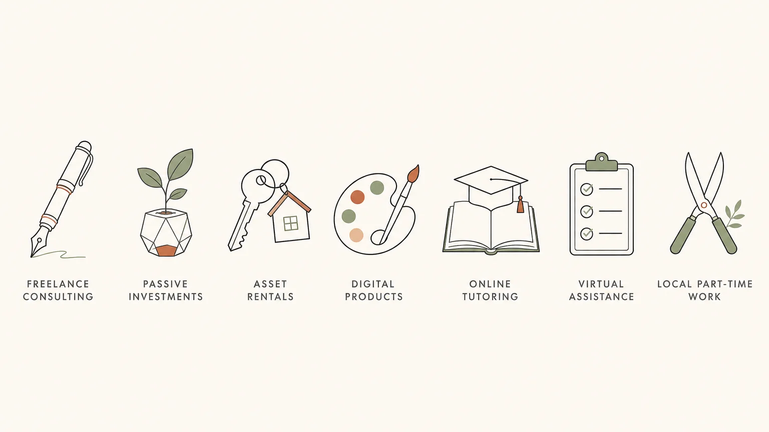 An infographic showing seven elegant icons representing consulting, passive investing, asset rentals, digital products, tutoring, virtual as