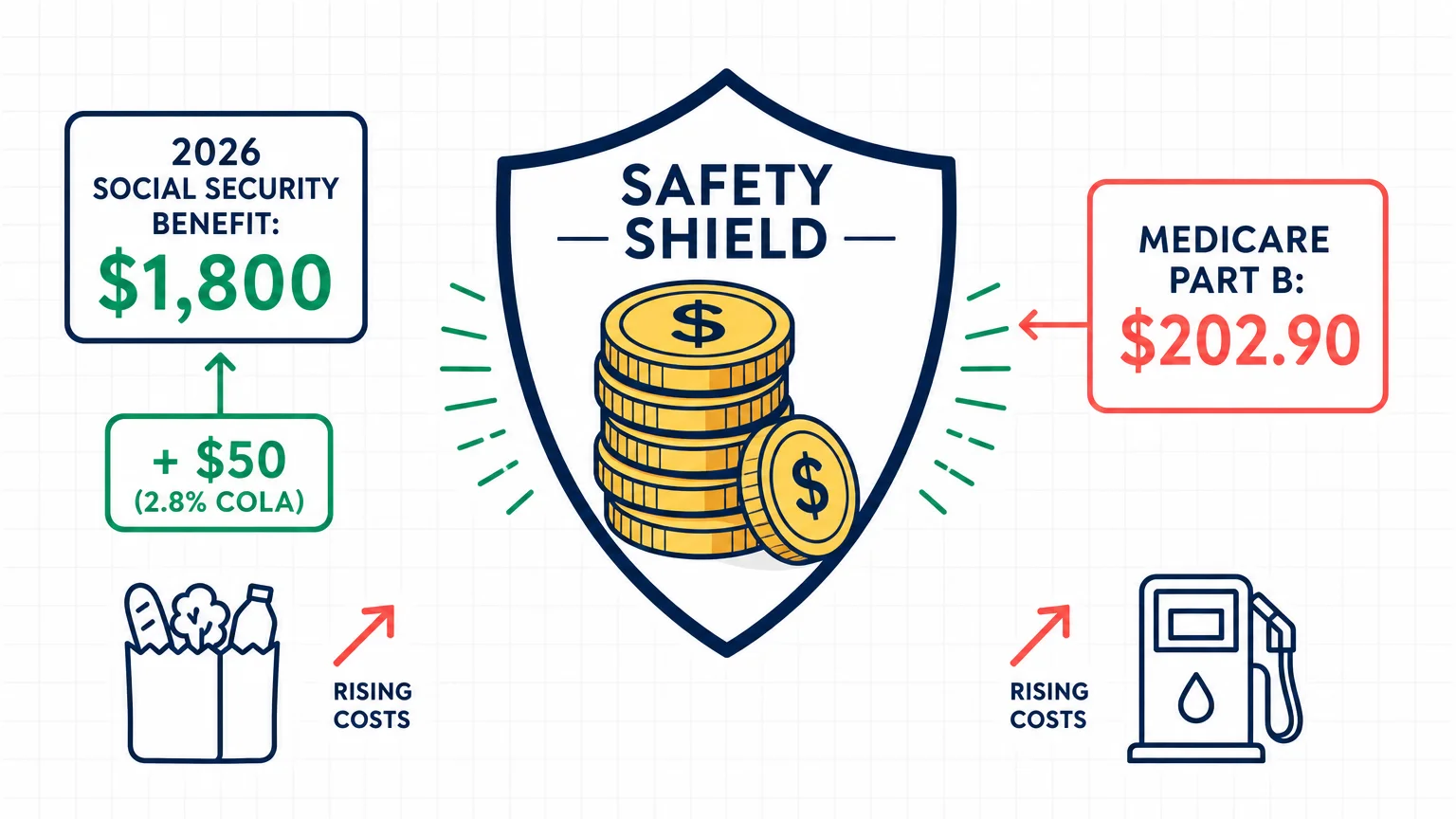 An infographic showing the 2026 Social Security benefit of $1,800 and the $202.90 Medicare Part B premium.