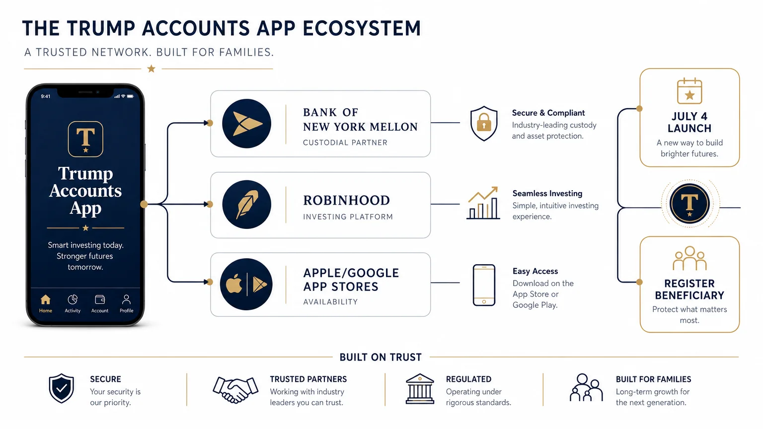 An infographic showing the Trump Accounts app partners: Bank of New York Mellon, Robinhood, and the major app stores.