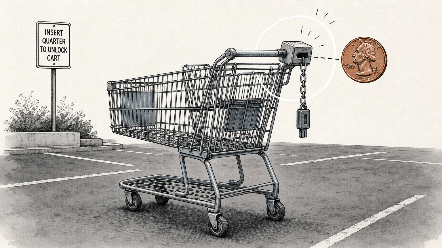 An ink and gouache illustration of an empty grocery cart with a detailed quarter hovering next to the handle coin slot.