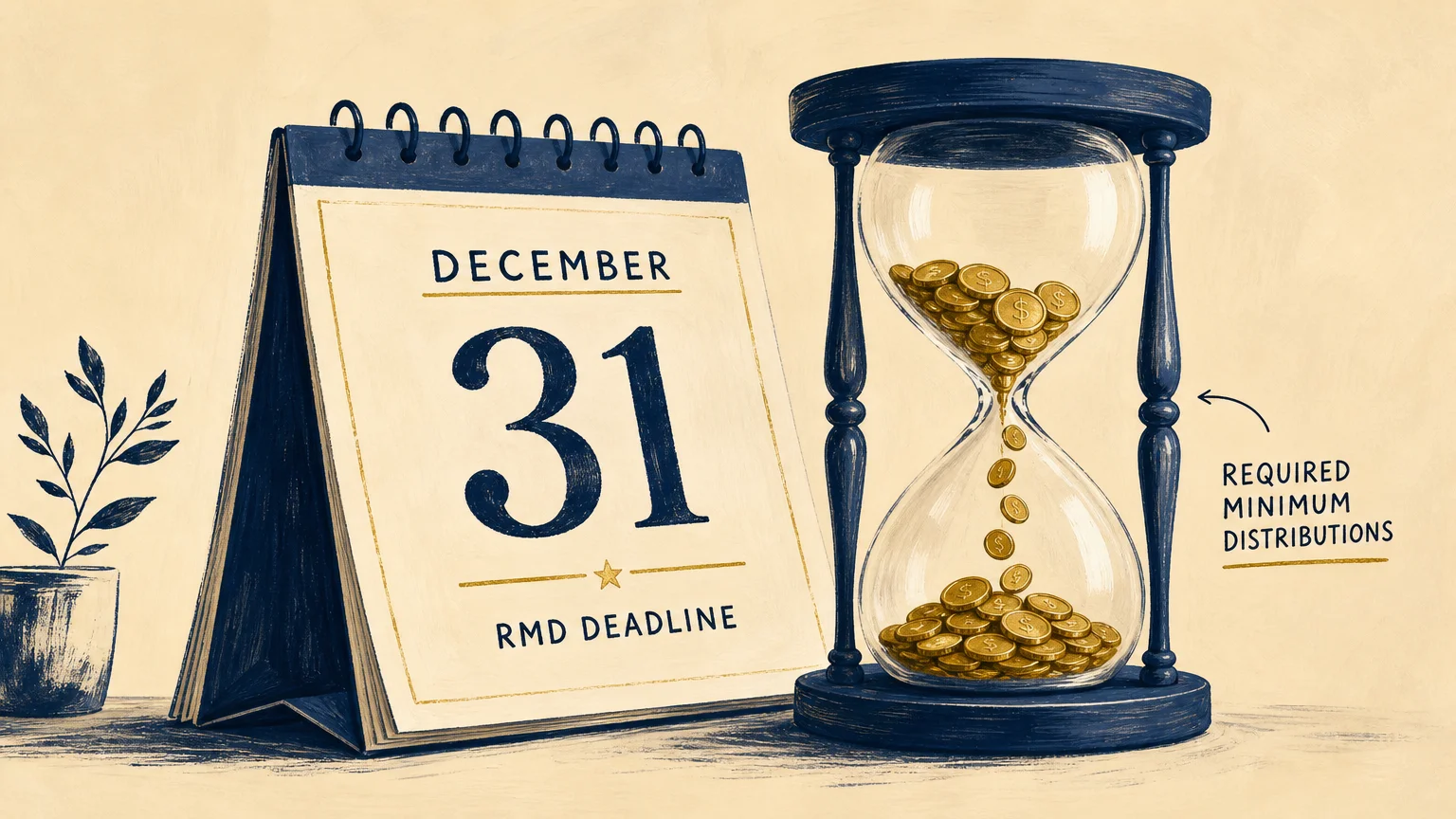 An ink and gouache illustration of an hourglass dropping gold coins next to a calendar page showing December 31.
