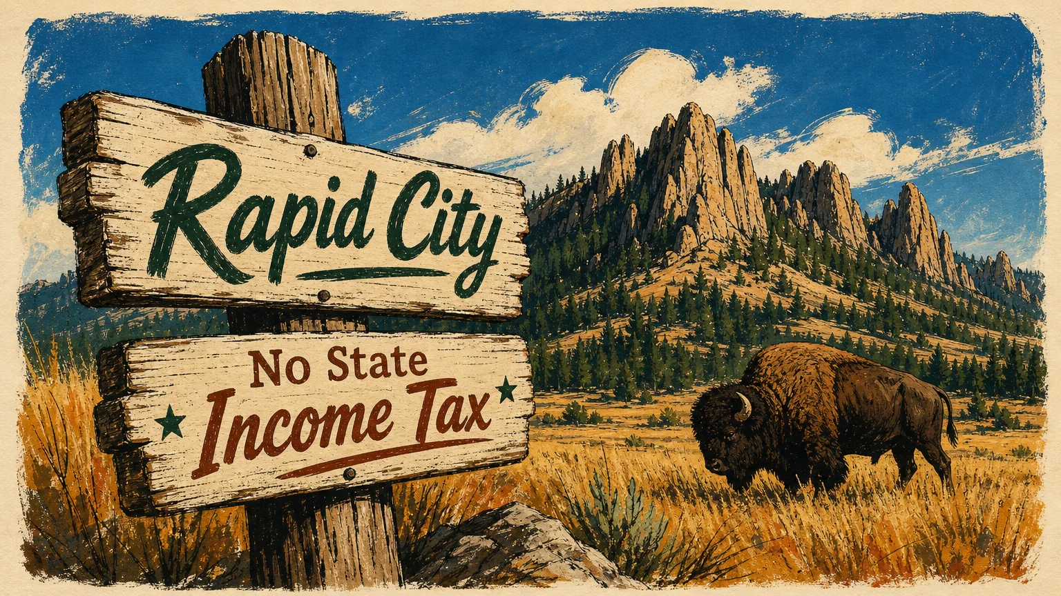 An ink and gouache illustration of the Black Hills in Rapid City, South Dakota, with a trail sign reading 'No State Income Tax'.