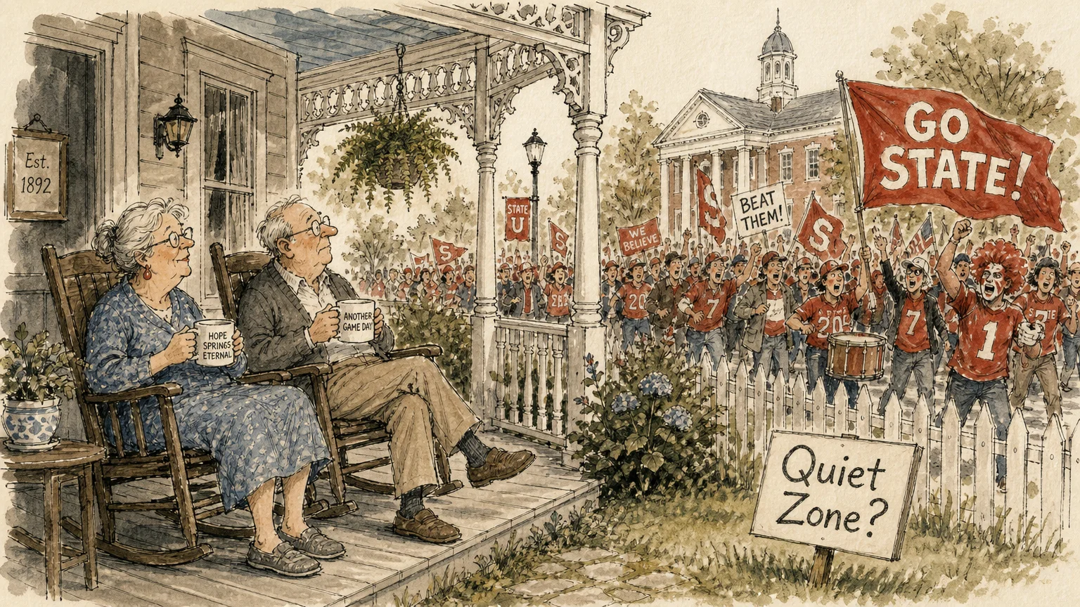 An ink-and-watercolor cartoon of a retired couple watching a lively college game-day crowd pass by their front yard.