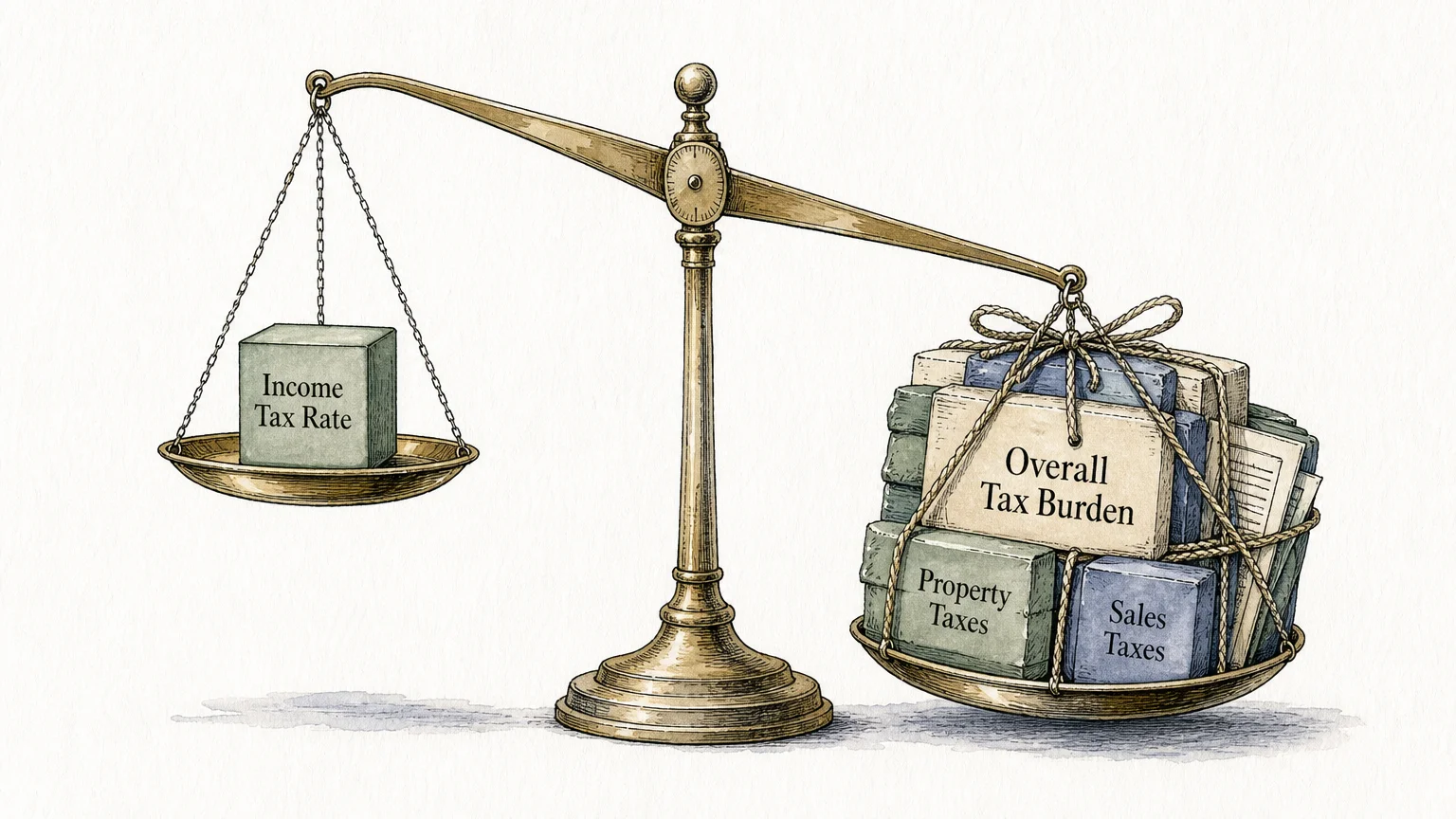 An ink and watercolor drawing of a balance scale showing 'Overall Tax Burden' weighing far more than a simple 'Income Tax Rate' cube.