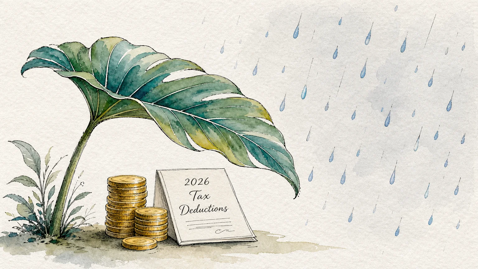 An ink and watercolor drawing of a large green leaf sheltering coins and a '2026 Tax Deductions' document from soft rain.