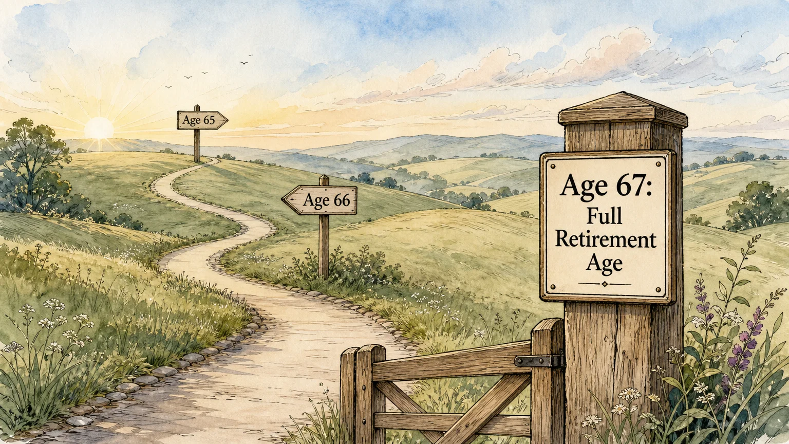 An ink and watercolor drawing of a path leading to a wooden gatepost labeled Age 67 Full Retirement Age.