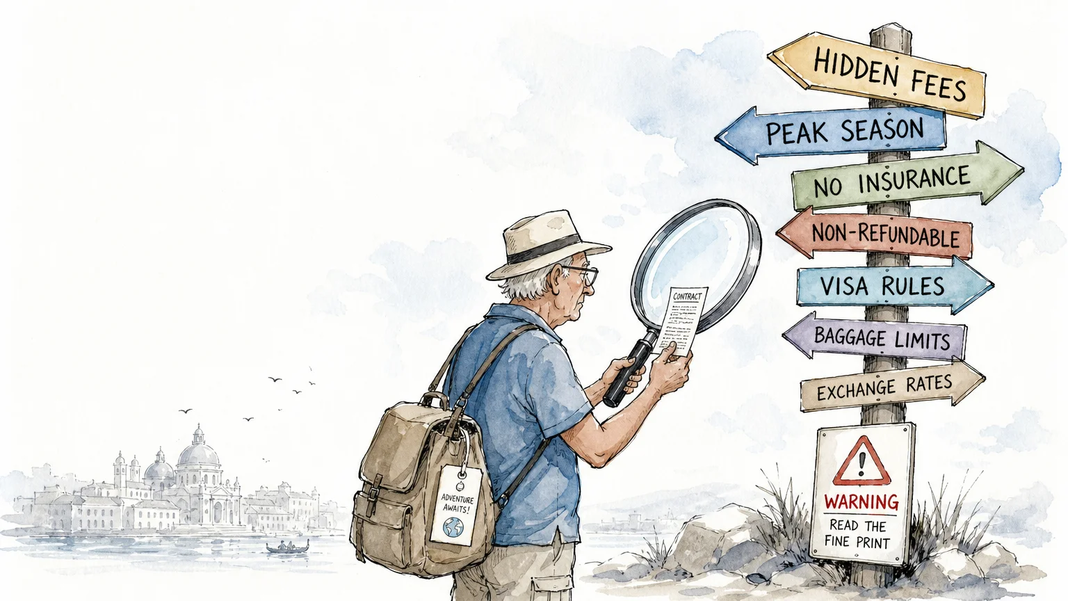 An ink and watercolor drawing of a traveler using a magnifying glass to read a contract near a confusing signpost.