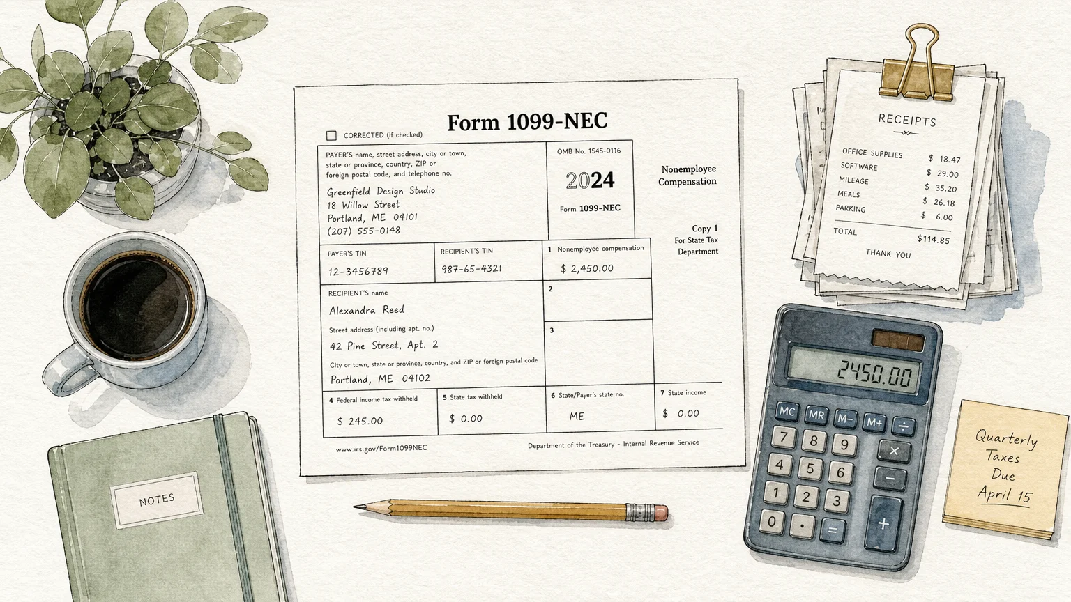 An ink and watercolor flat-lay illustration of a 1099 tax form, calculator, and receipts on a desk.