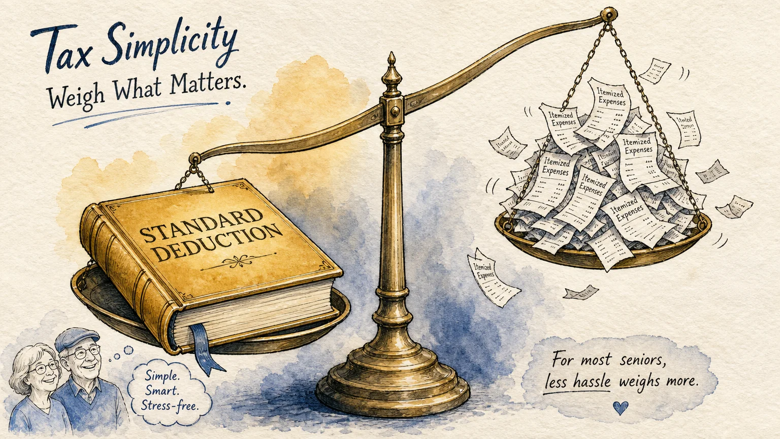 An ink and watercolor illustration of a balance scale showing a heavy 'Standard Deduction' book outweighing a pile of loose receipts.