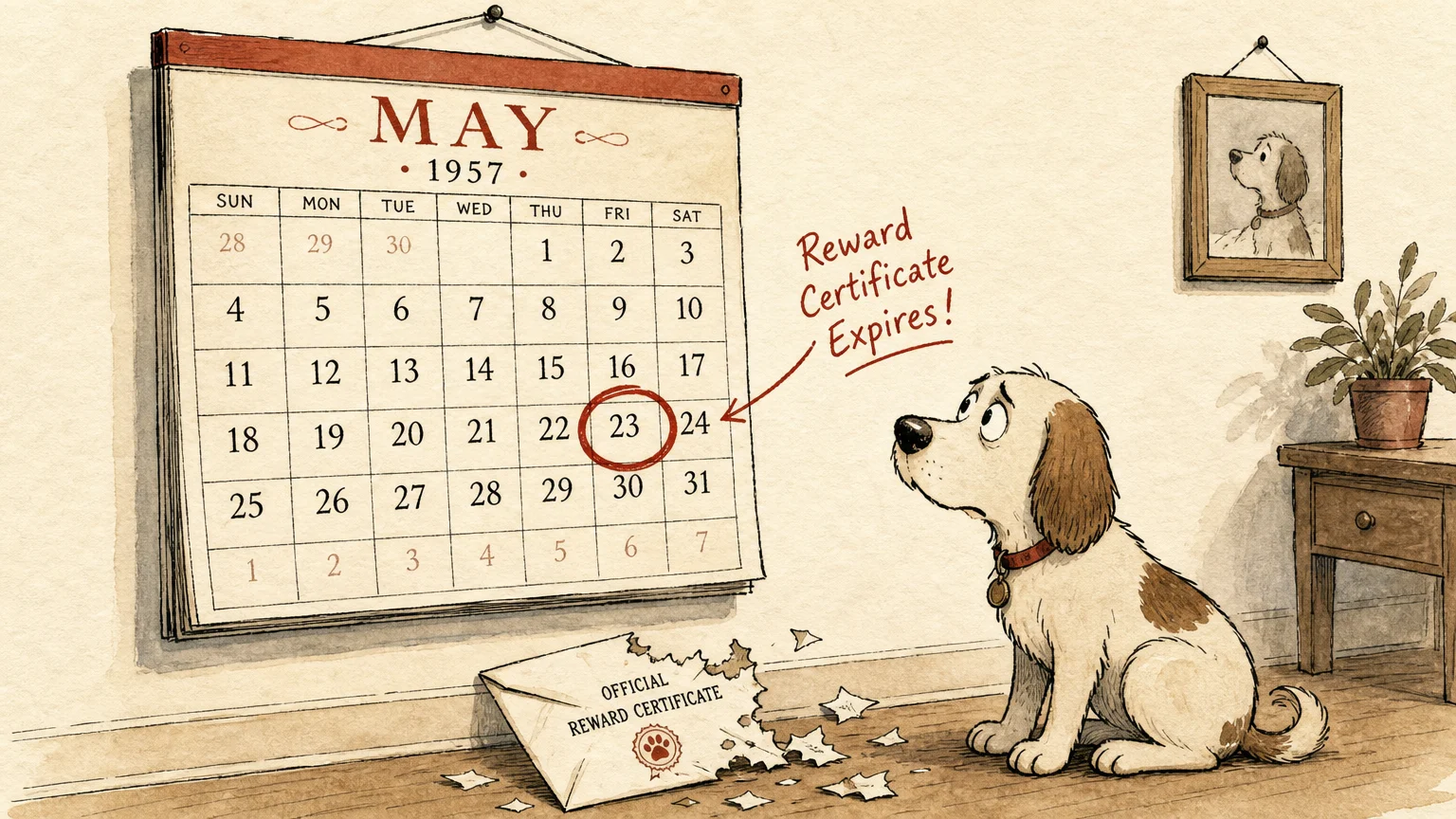 An ink and watercolor illustration of a calendar with a circled expiration date warning about expiring reward certificates.