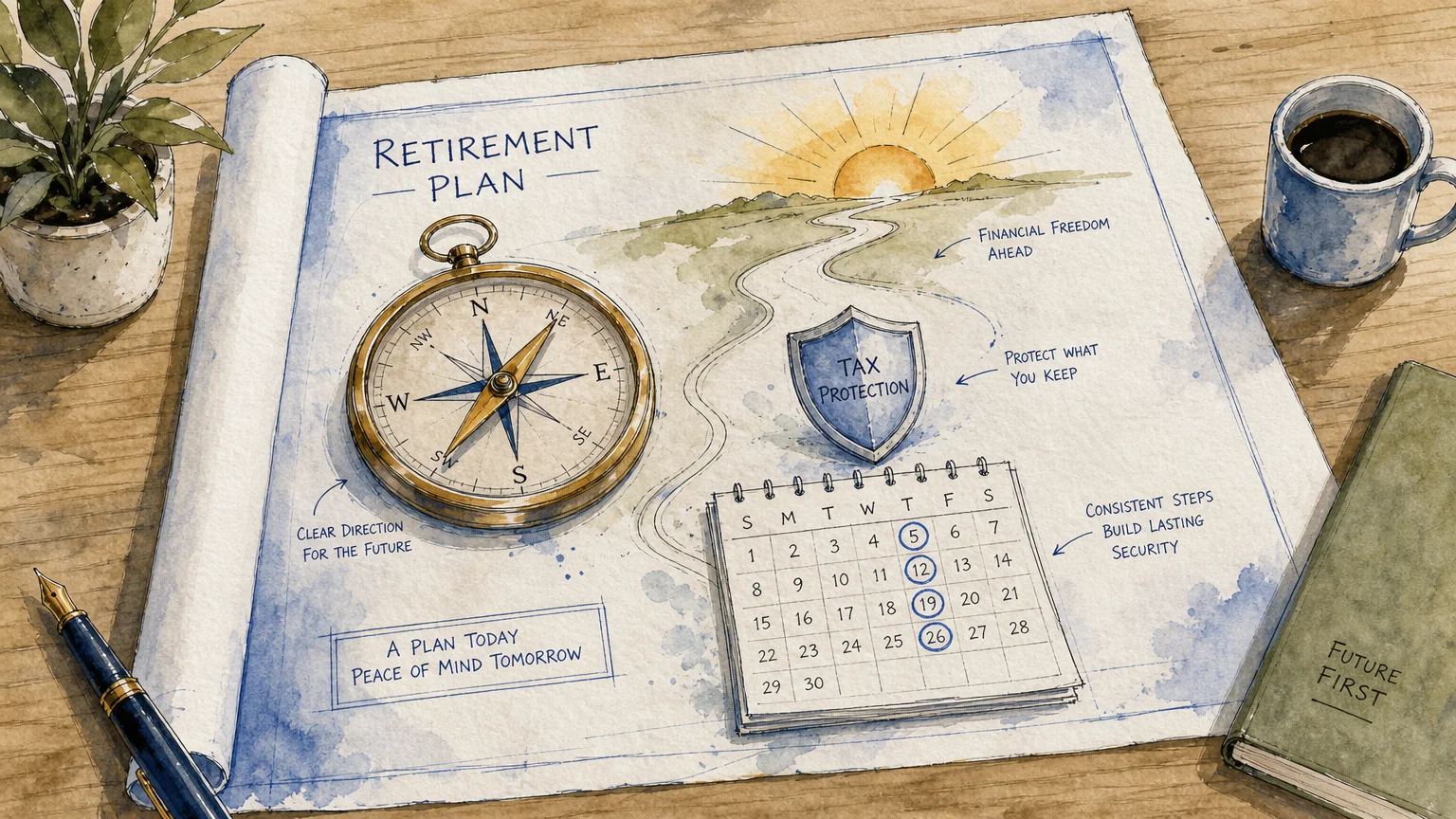 An ink and watercolor illustration of a desk blueprint showing symbols of planning: a compass, a shield, and a calendar.