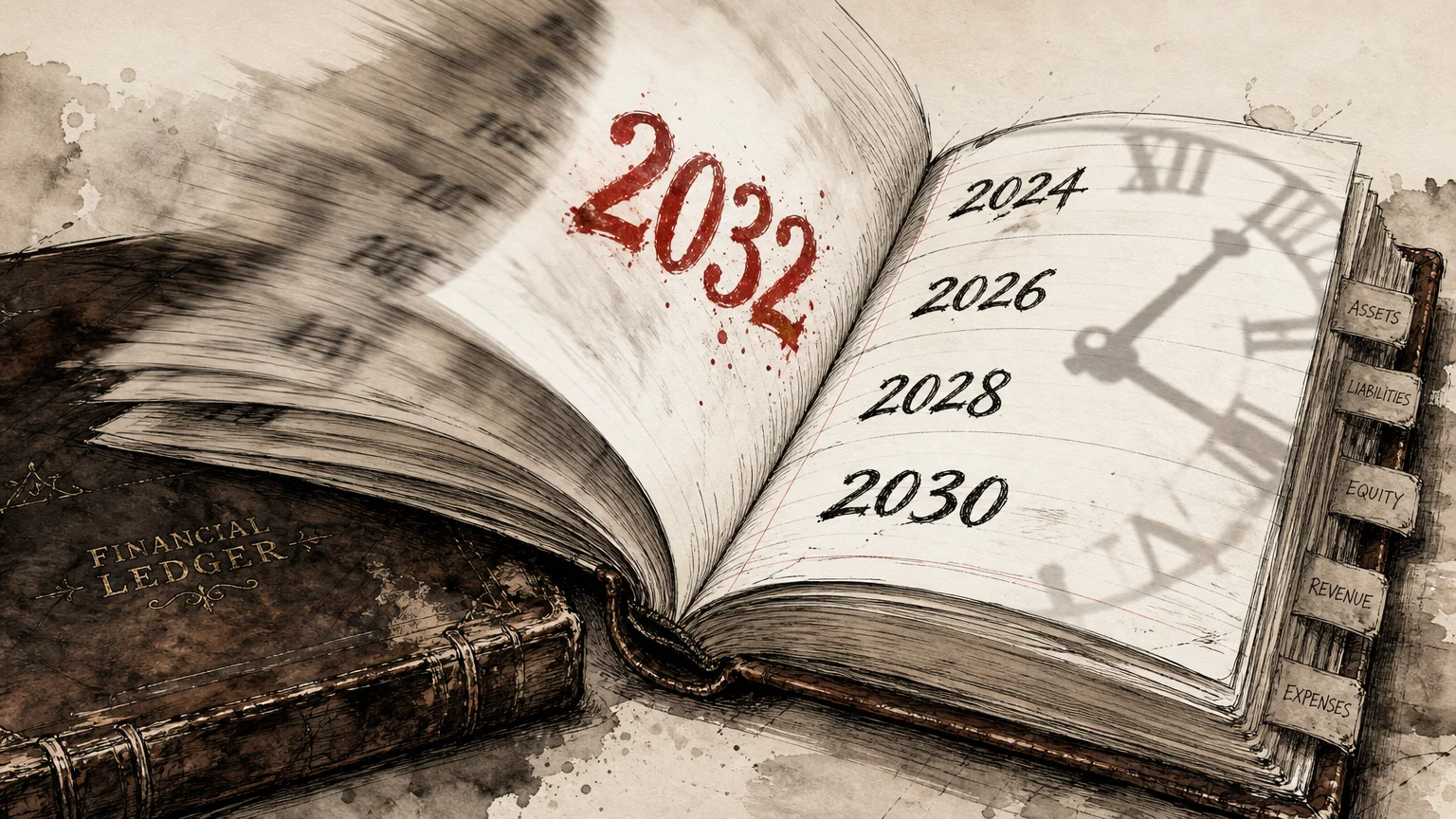 An ink and watercolor illustration of a financial ledger with pages flipping toward the year 2032 highlighted in red.
