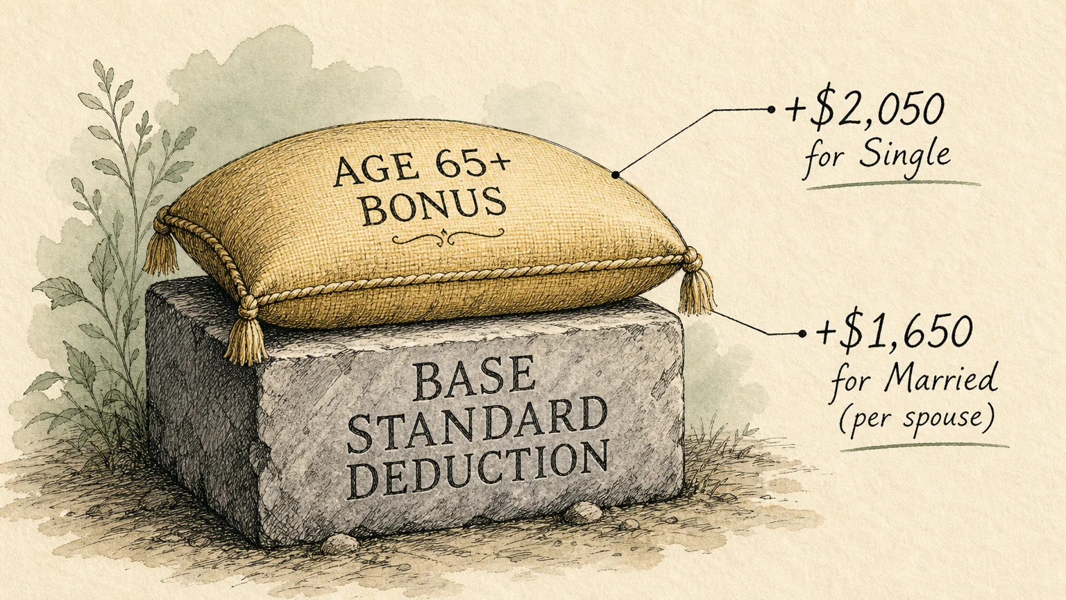 An ink and watercolor illustration of a golden cushion labeled Age 65+ Bonus stacked on top of a base standard deduction block.