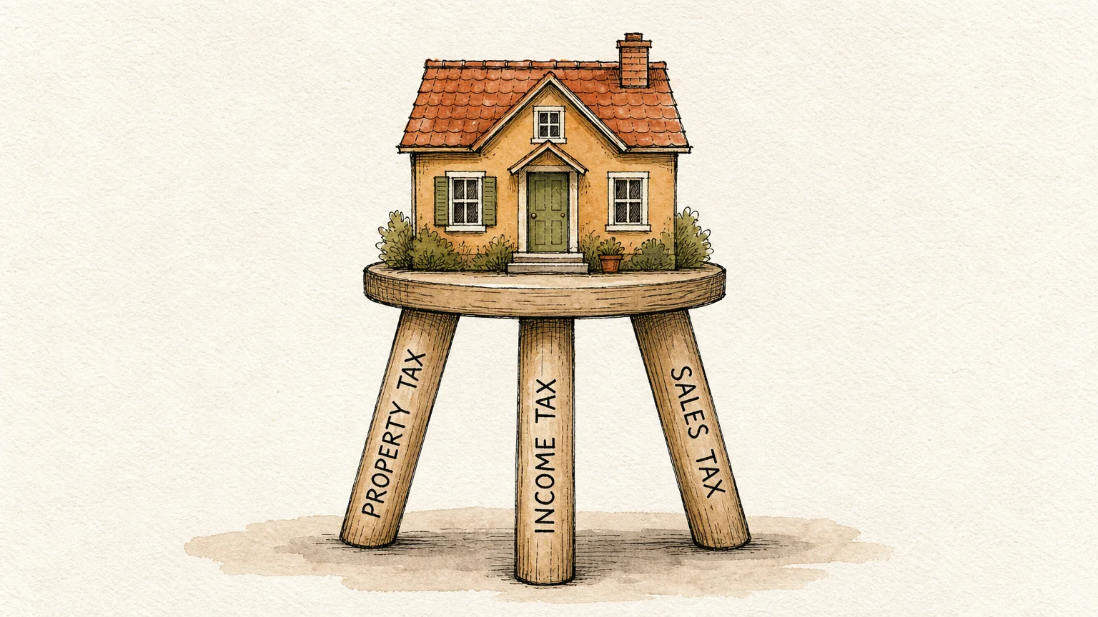 An ink and watercolor illustration of a house resting on a three-legged stool labeled Property Tax, Income Tax, and Sales Tax.