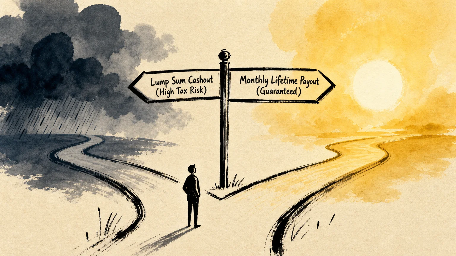 An ink and watercolor illustration of a path dividing toward 'Lump Sum Cashout' in storm clouds, or 'Monthly Lifetime Payout' in a golden gl