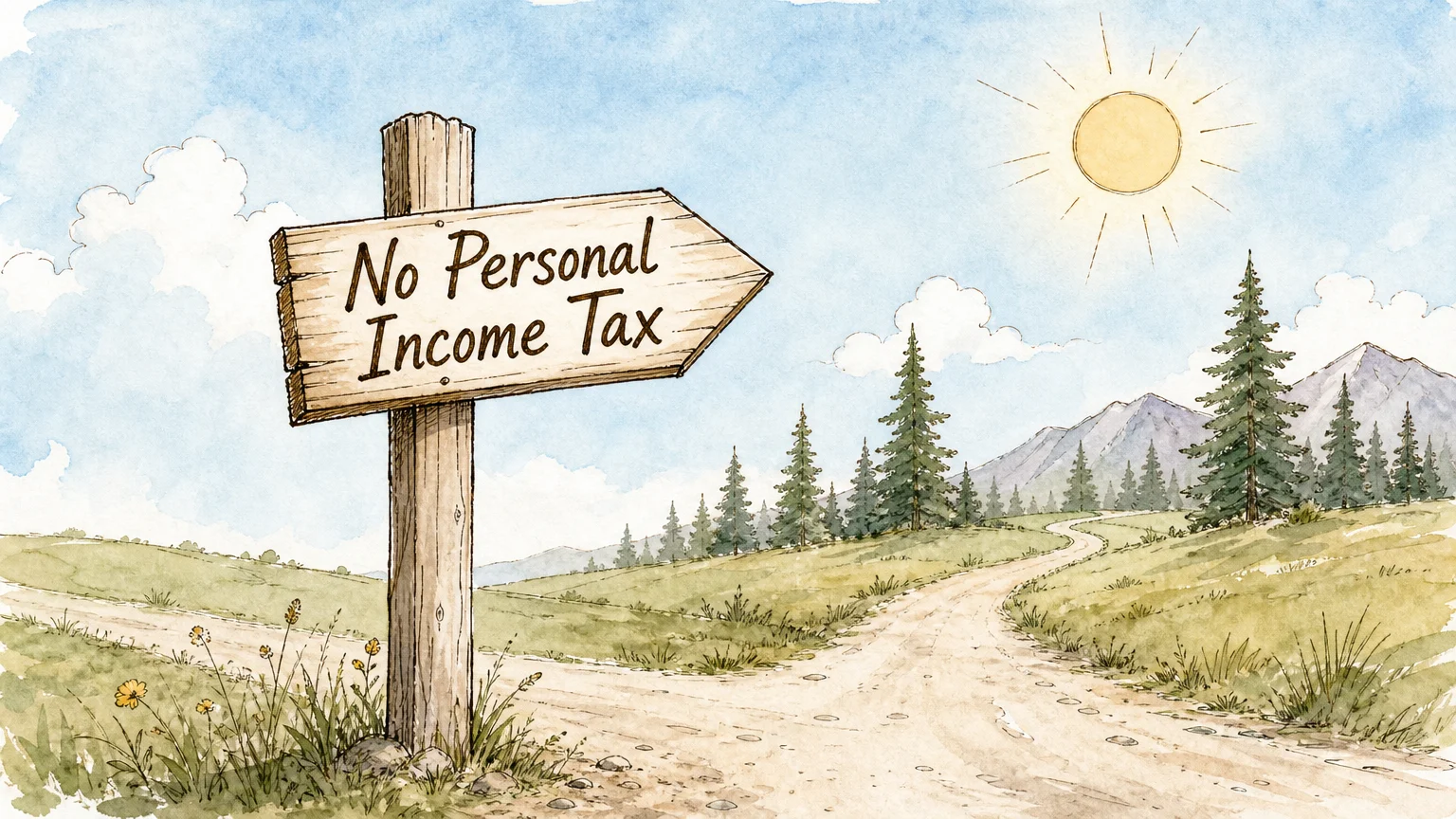 An ink and watercolor illustration of a signpost pointing towards a sunny path, labeled No Personal Income Tax.