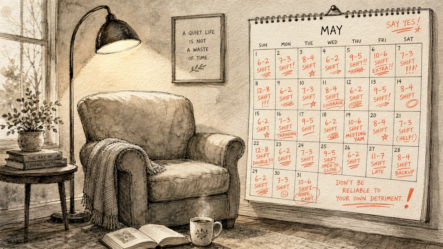 An ink and watercolor illustration of an empty cozy armchair next to a wall calendar packed with red work shifts.