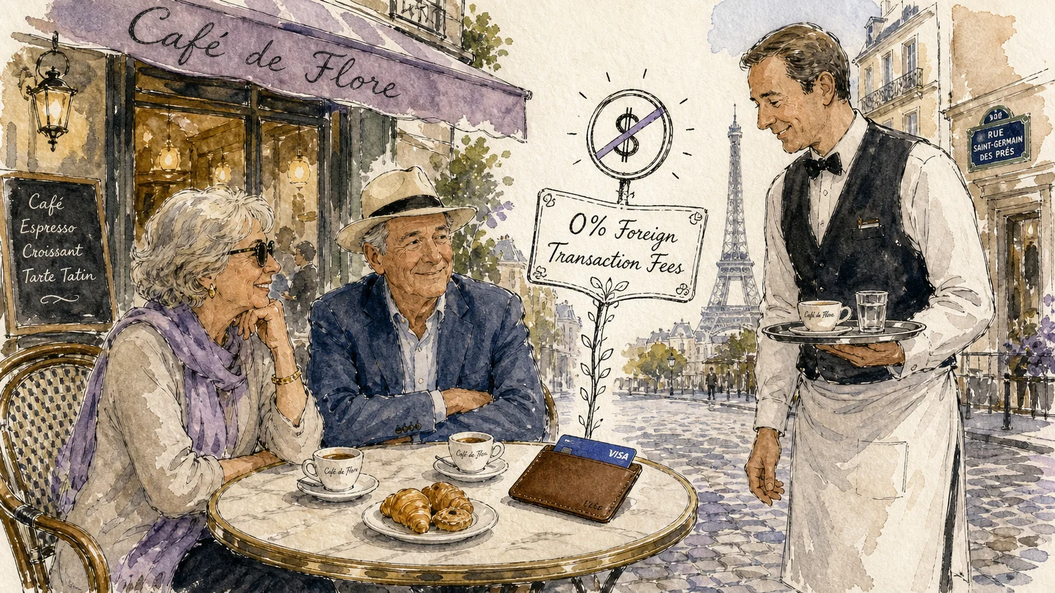 An ink and watercolor illustration of an older couple at a Parisian cafe with a zero percent foreign transaction fees label.