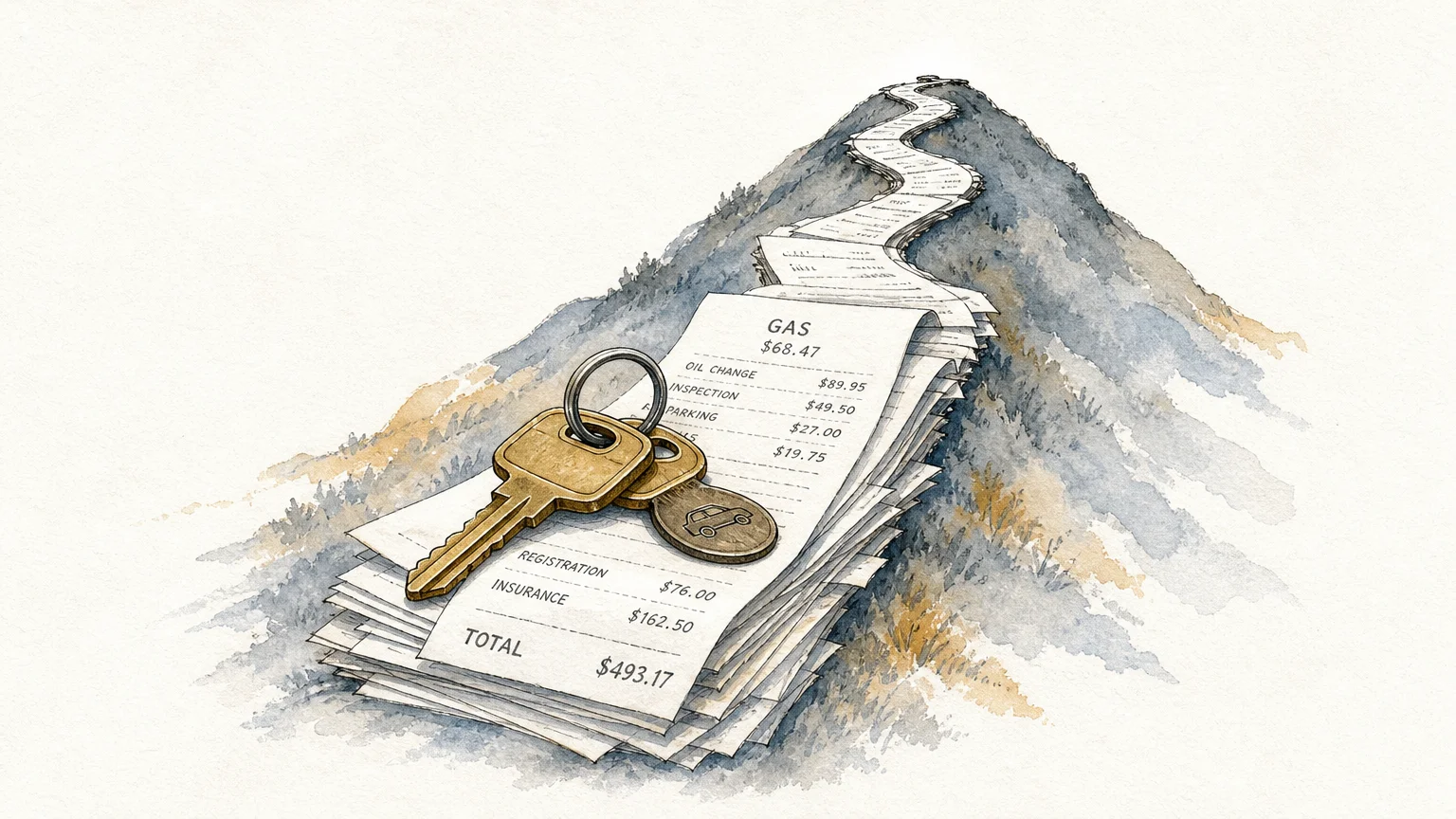 An ink and watercolor illustration of car keys on a stack of receipts curving upwards like a road.