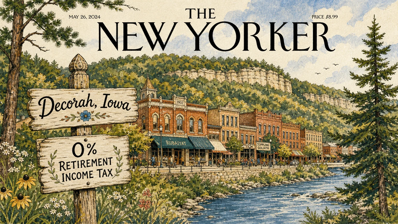An ink and watercolor illustration of Decorah, Iowa, featuring historic buildings, rolling bluffs, and a sign reading '0% Retirement Income 