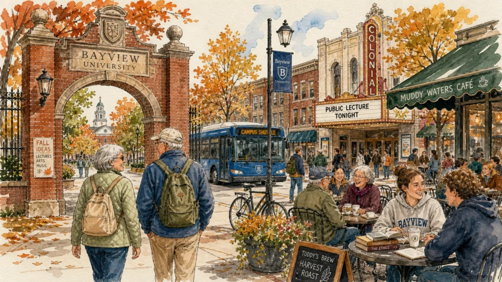 An ink and watercolor illustration of retirees and students mingling on a vibrant, historic college town street in autumn.
